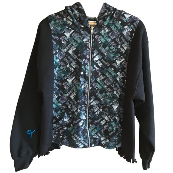 Upcycled Zippered Hoodie, M: Zip-Up Jacket, Campus Sweatshirt, Hipster Grunge - Picture 1 of 11